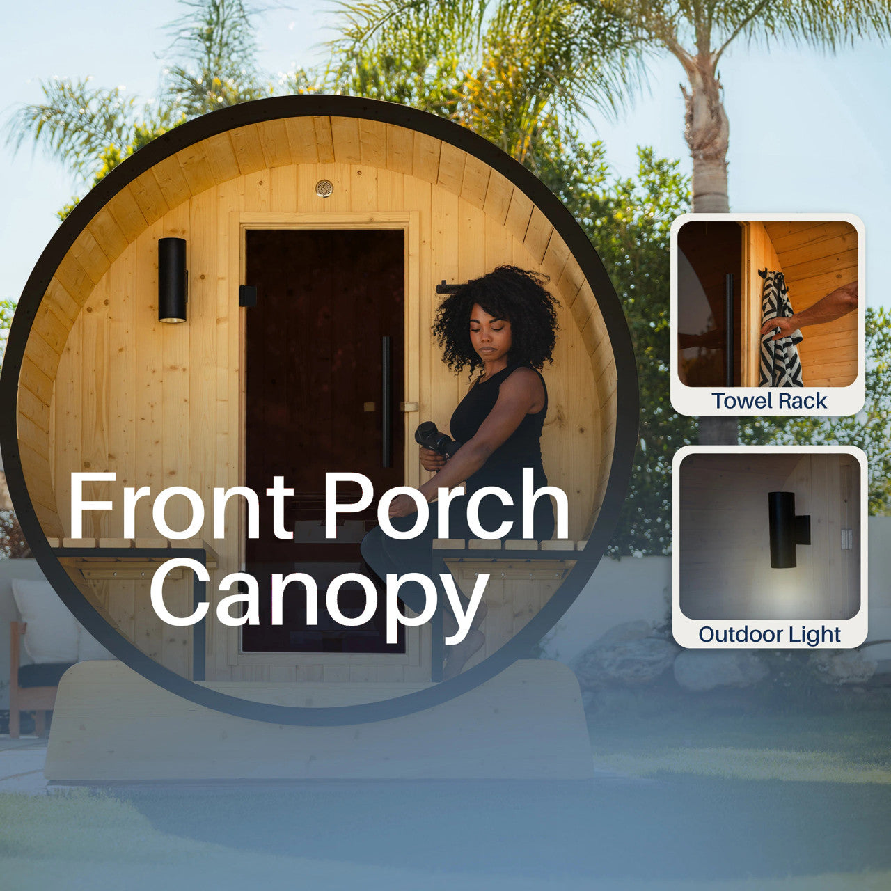 Celasia White Finland Pine Barrel Sauna with Front Porch Canopy - 2-4 Person