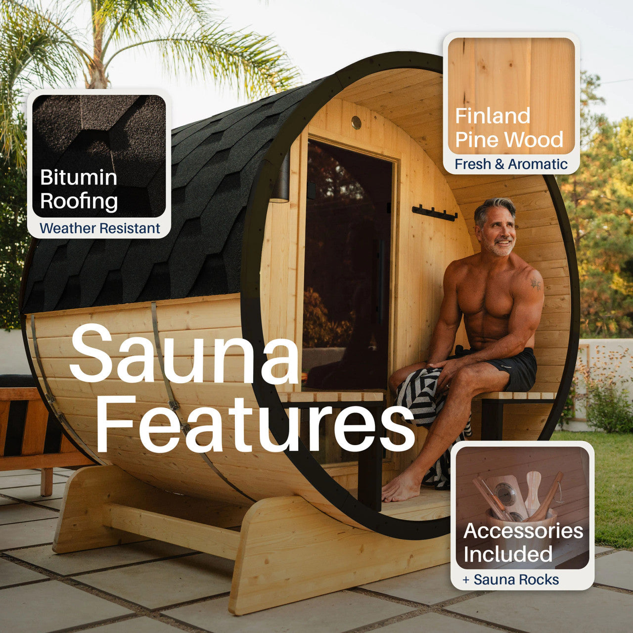 Celasia White Finland Pine Barrel Sauna with Front Porch Canopy - 2-4 Person