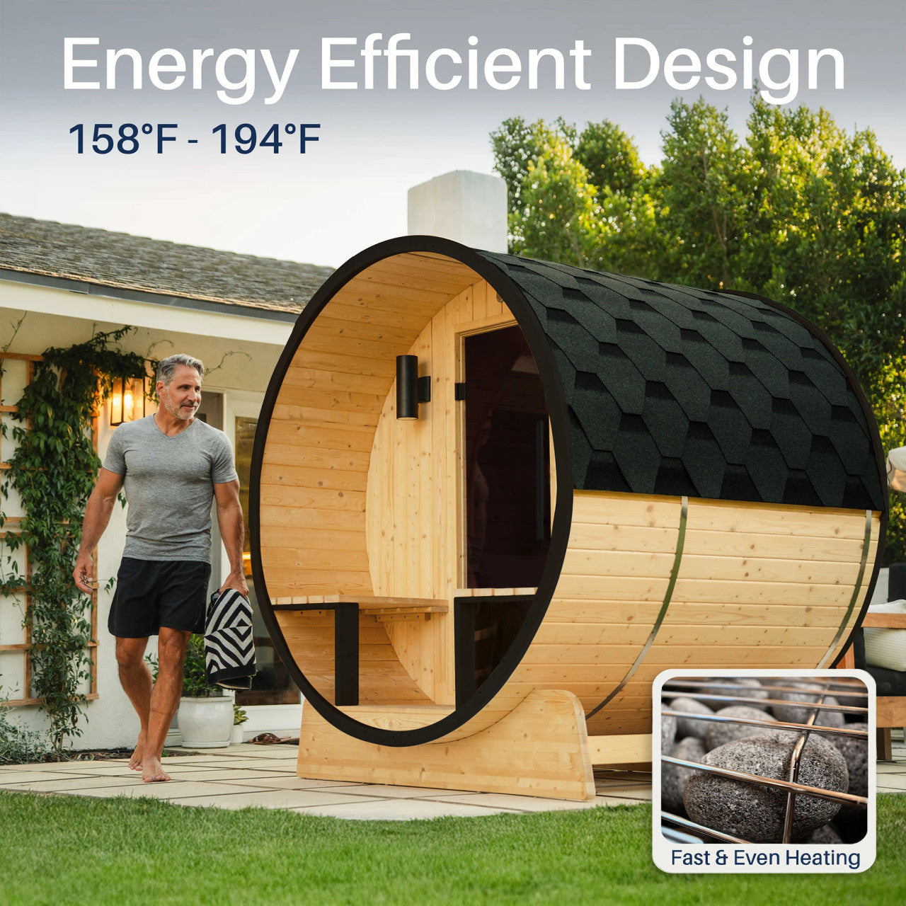 Celasia White Finland Pine Barrel Sauna with Front Porch Canopy - 2-4 Person