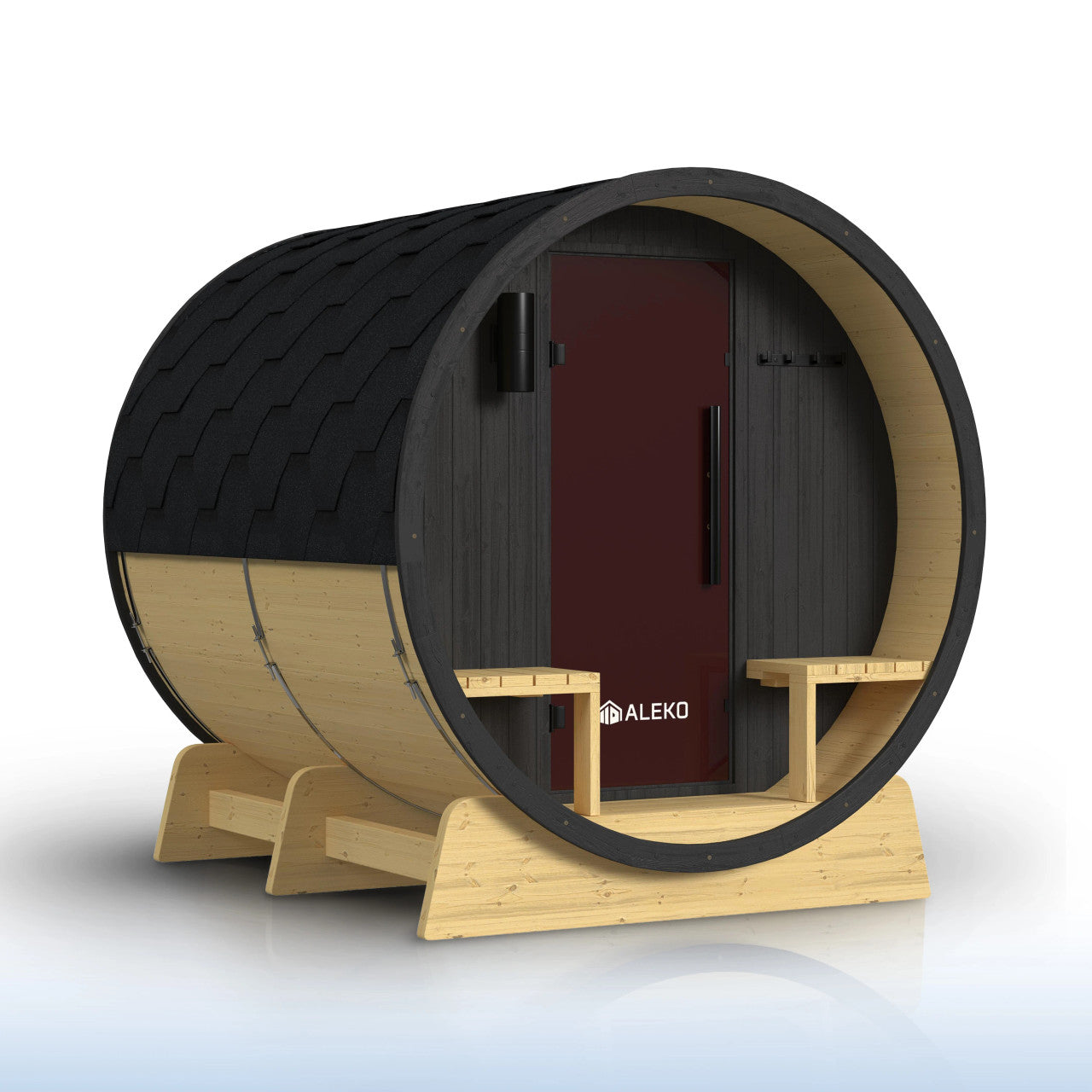 Anémona White Finland Pine Barrel Sauna with Front Porch Canopy & Black Accents – 6-8 People