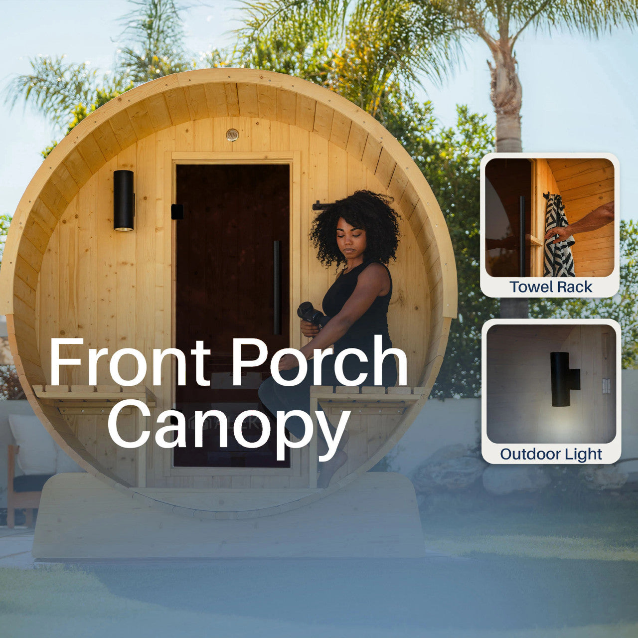 Anémona White Finland Pine Barrel Sauna with Front Porch Canopy – 6-8 People
