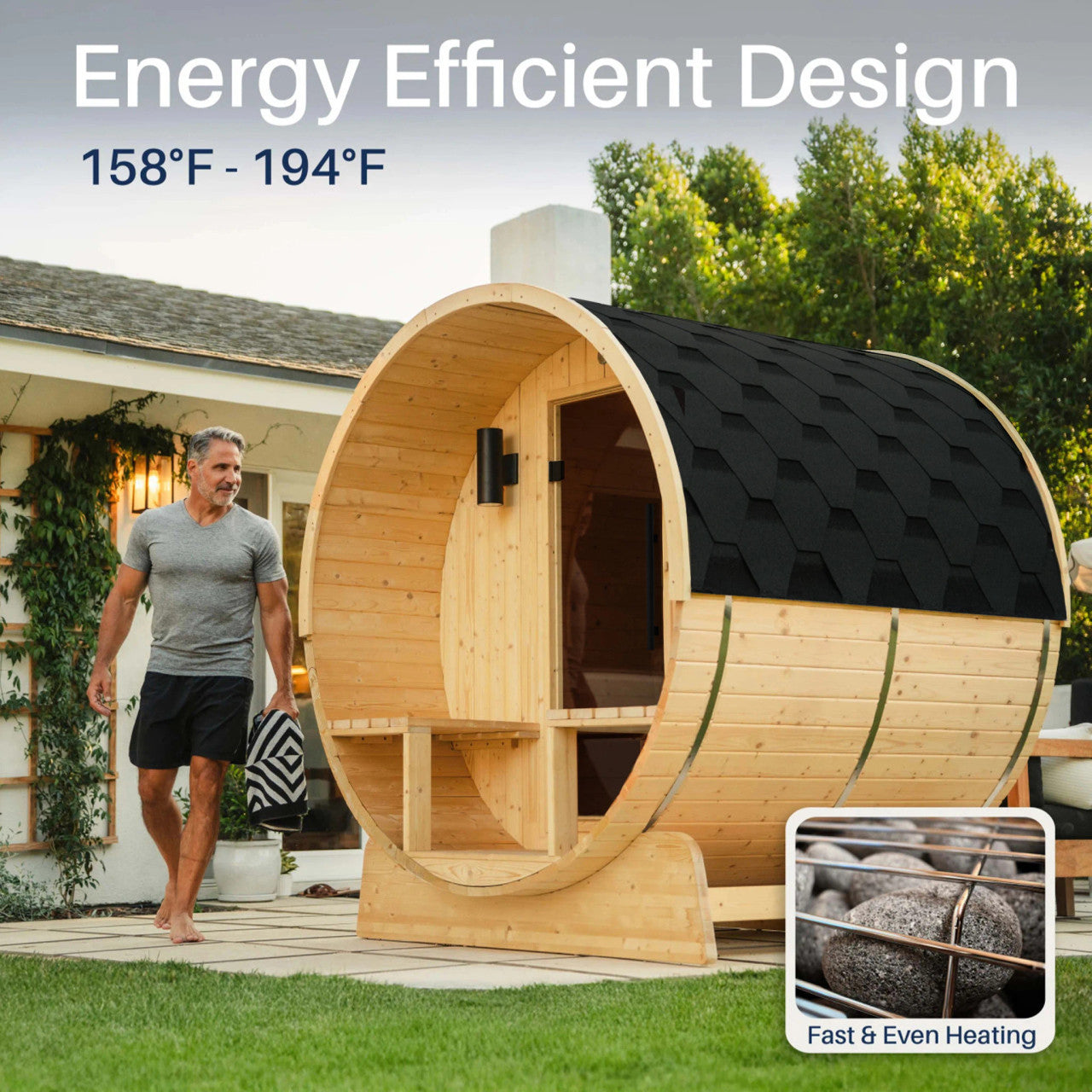 Anémona White Finland Pine Barrel Sauna with Front Porch Canopy – 6-8 People