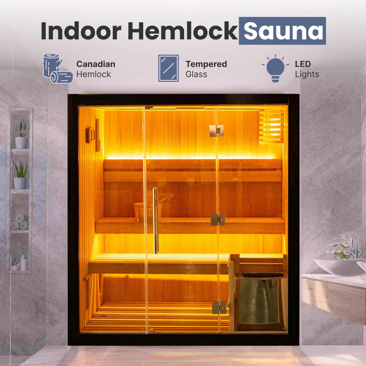 Canadian Hemlock Traditional Indoor Sauna-4.5kW UL Certified Electric Harvia Heater - Black Finish - 4 Person (PreOrder)