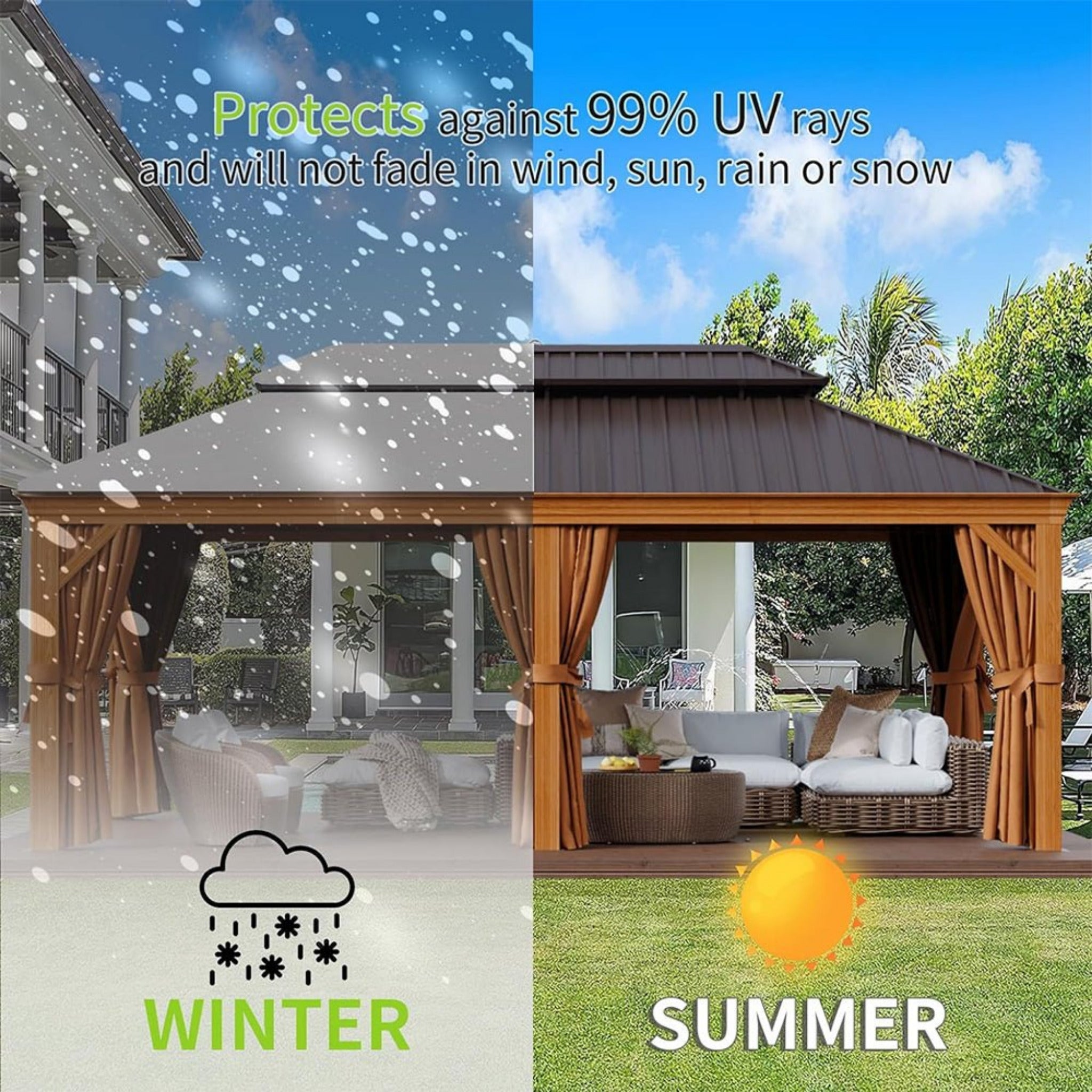Alora Premium Large Aluminum Hardtop Gazebo With Netting, Privacy Curtains And Wood Grain Finish 12'x20' (SAK58374)