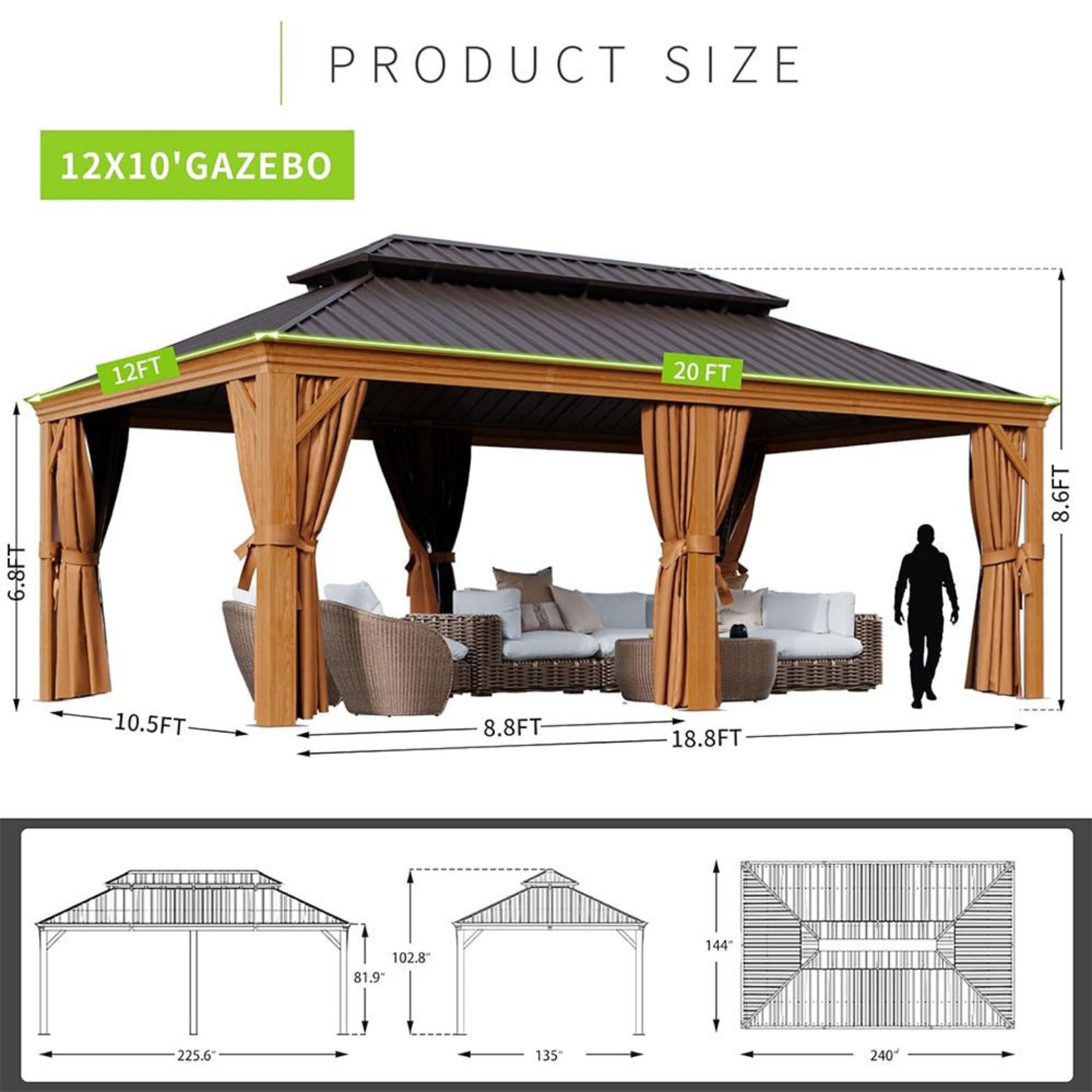Alora Premium Large Aluminum Hardtop Gazebo With Netting, Privacy Curtains And Wood Grain Finish 12'x20' (SAK58374)