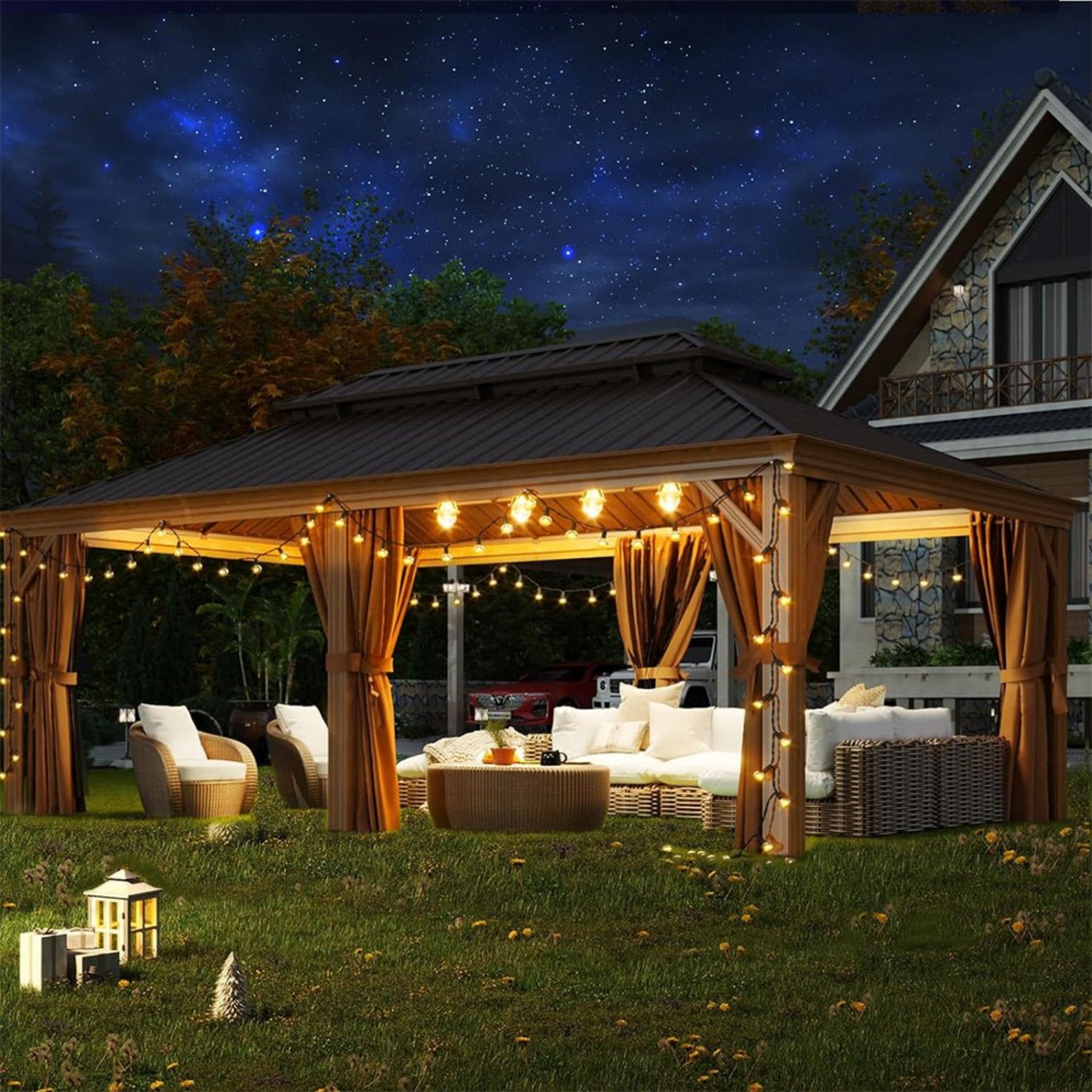 Alora Premium Large Aluminum Hardtop Gazebo With Netting, Privacy Curtains And Wood Grain Finish 12'x20' (SAK58374)
