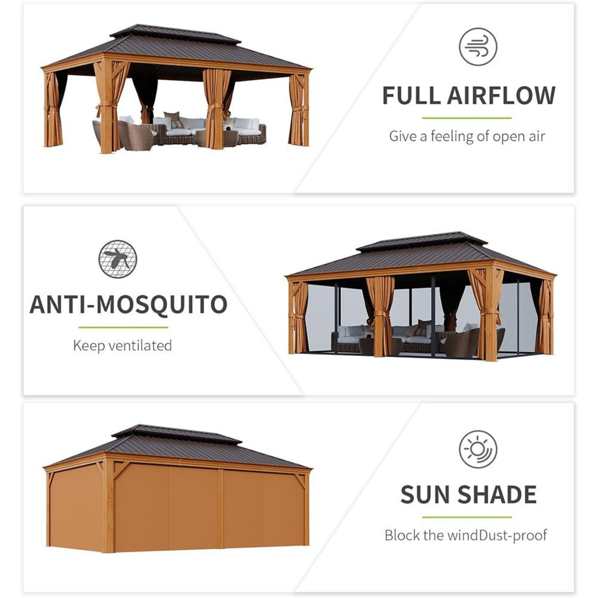 Alora Premium Large Aluminum Hardtop Gazebo With Netting, Privacy Curtains And Wood Grain Finish 12'x20' (SAK58374)
