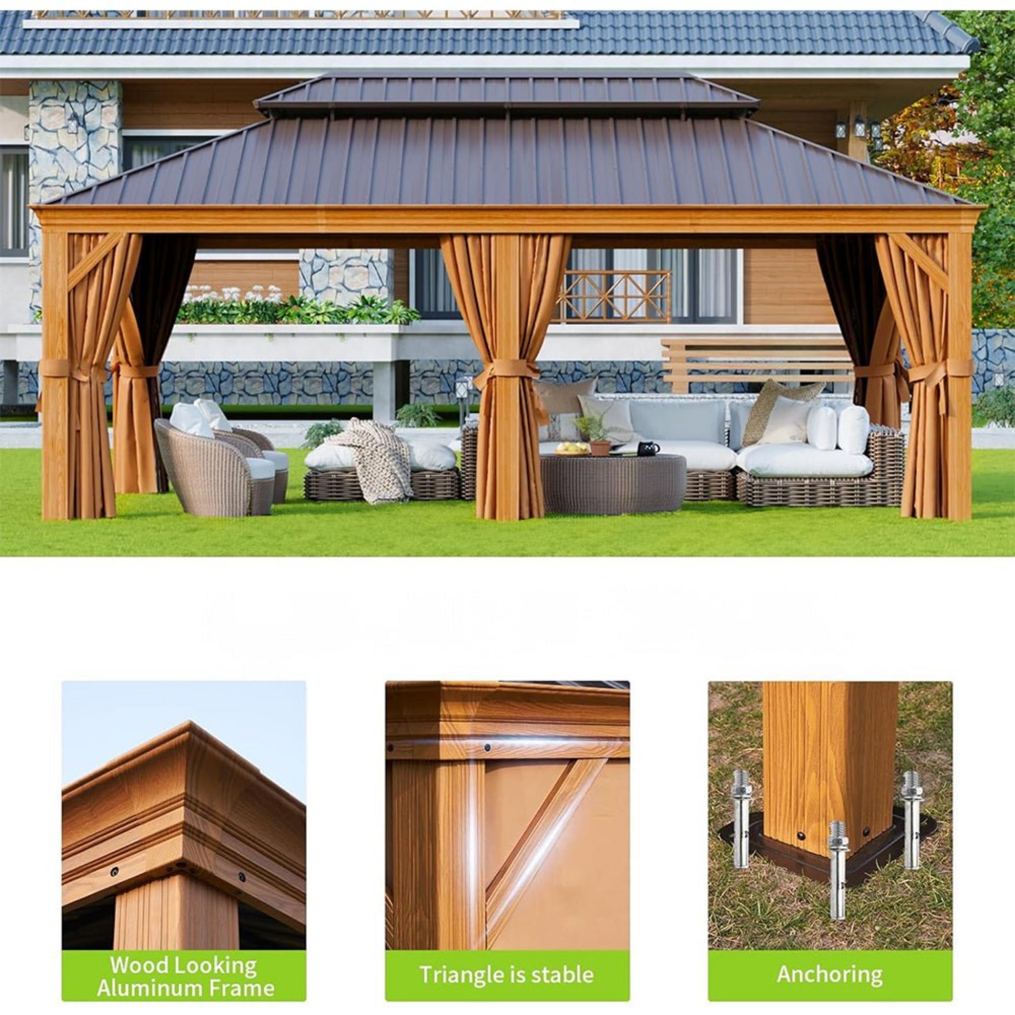 Alora Premium Large Aluminum Hardtop Gazebo With Netting, Privacy Curtains And Wood Grain Finish 12'x20' (SAK58374)