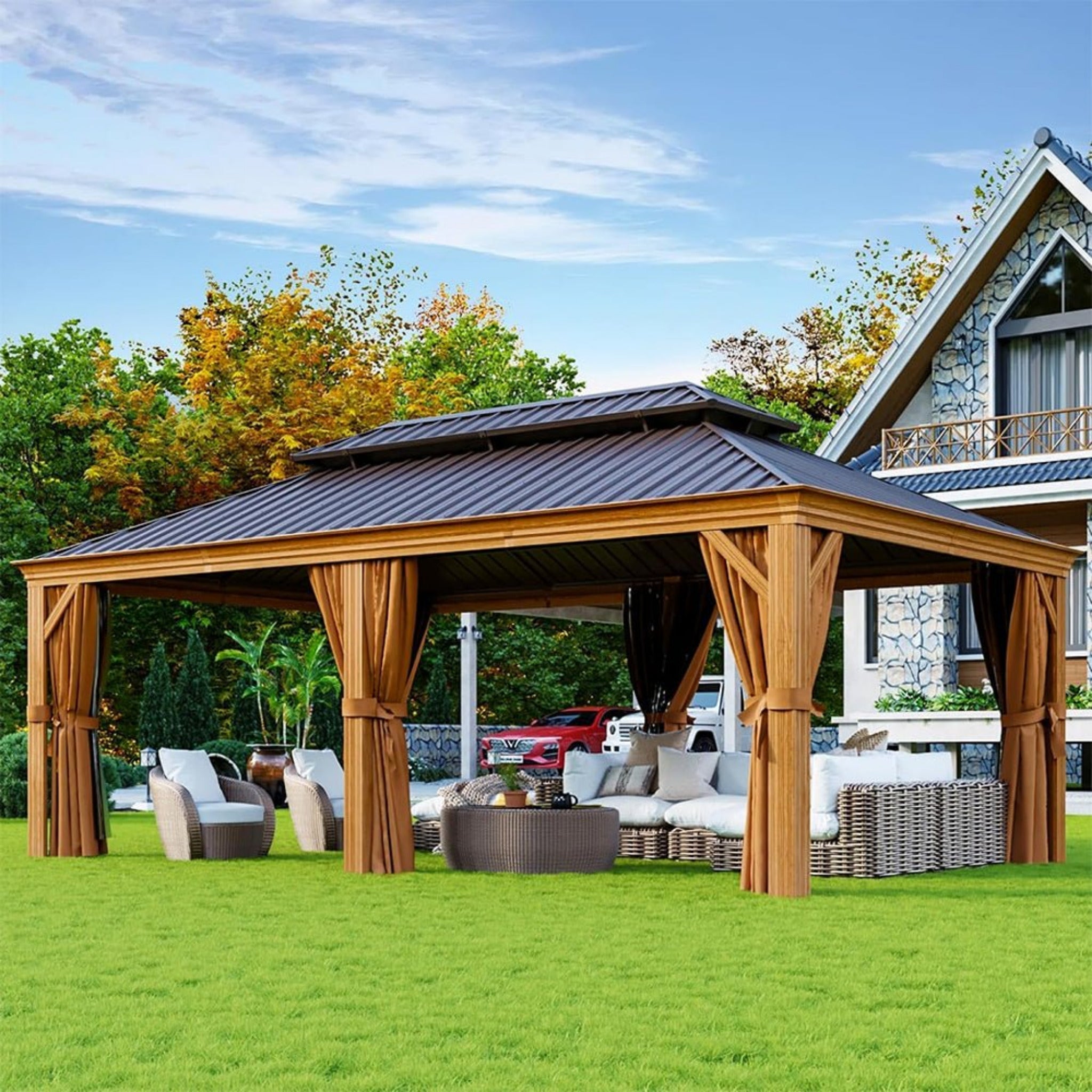 Alora Premium Large Aluminum Hardtop Gazebo With Netting, Privacy Curtains And Wood Grain Finish 12'x20' (SAK58374)