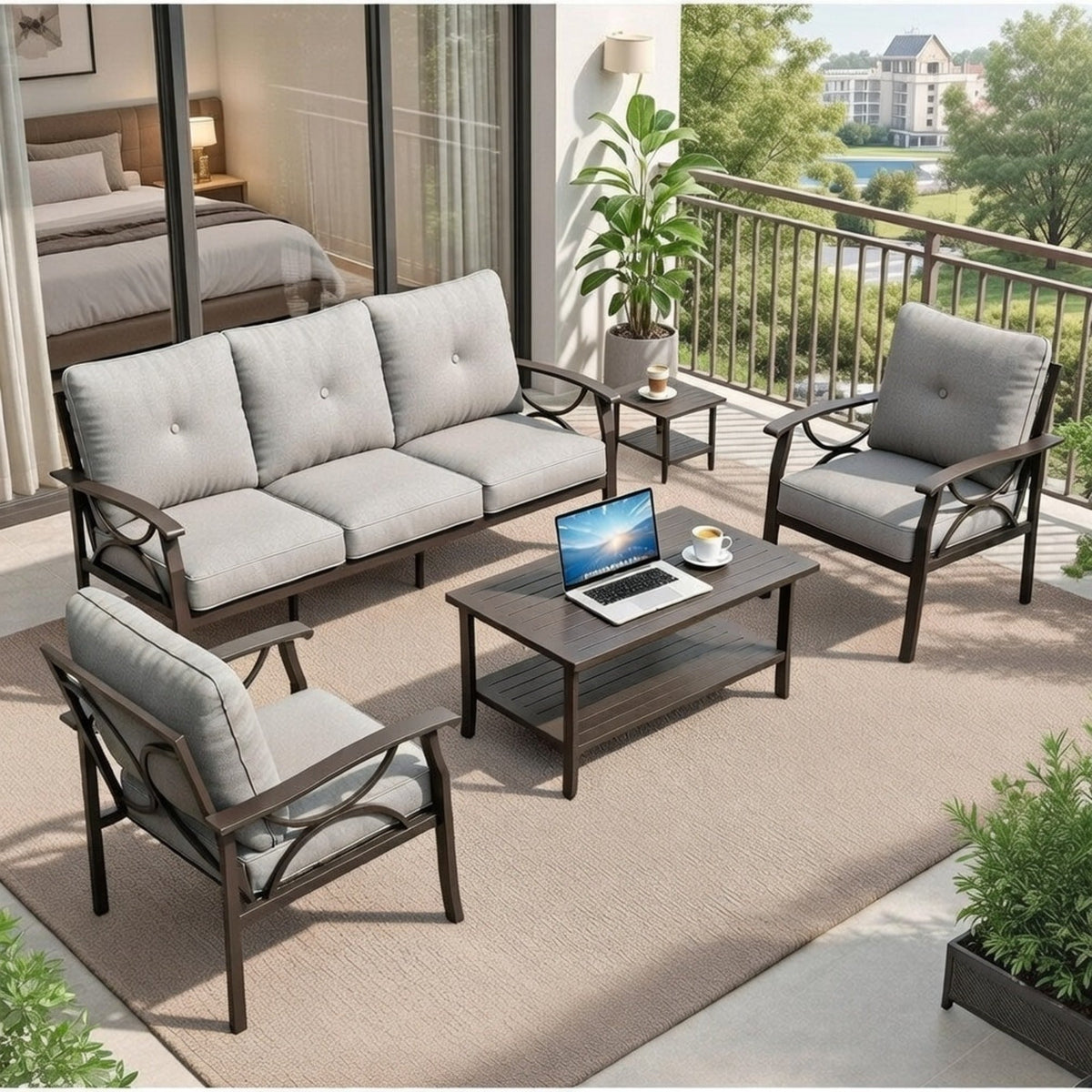 5-Piece Metal Patio Furniture Set, 5-Seat All-Weather Conversation Sofa