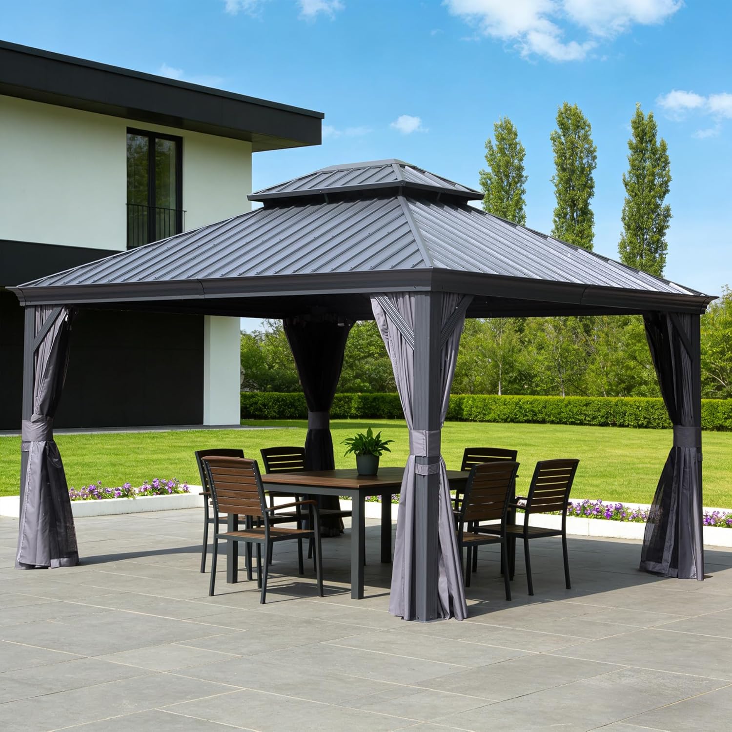 13x15FT Outdoor Gazebo with Galvanized Steel Double Roof