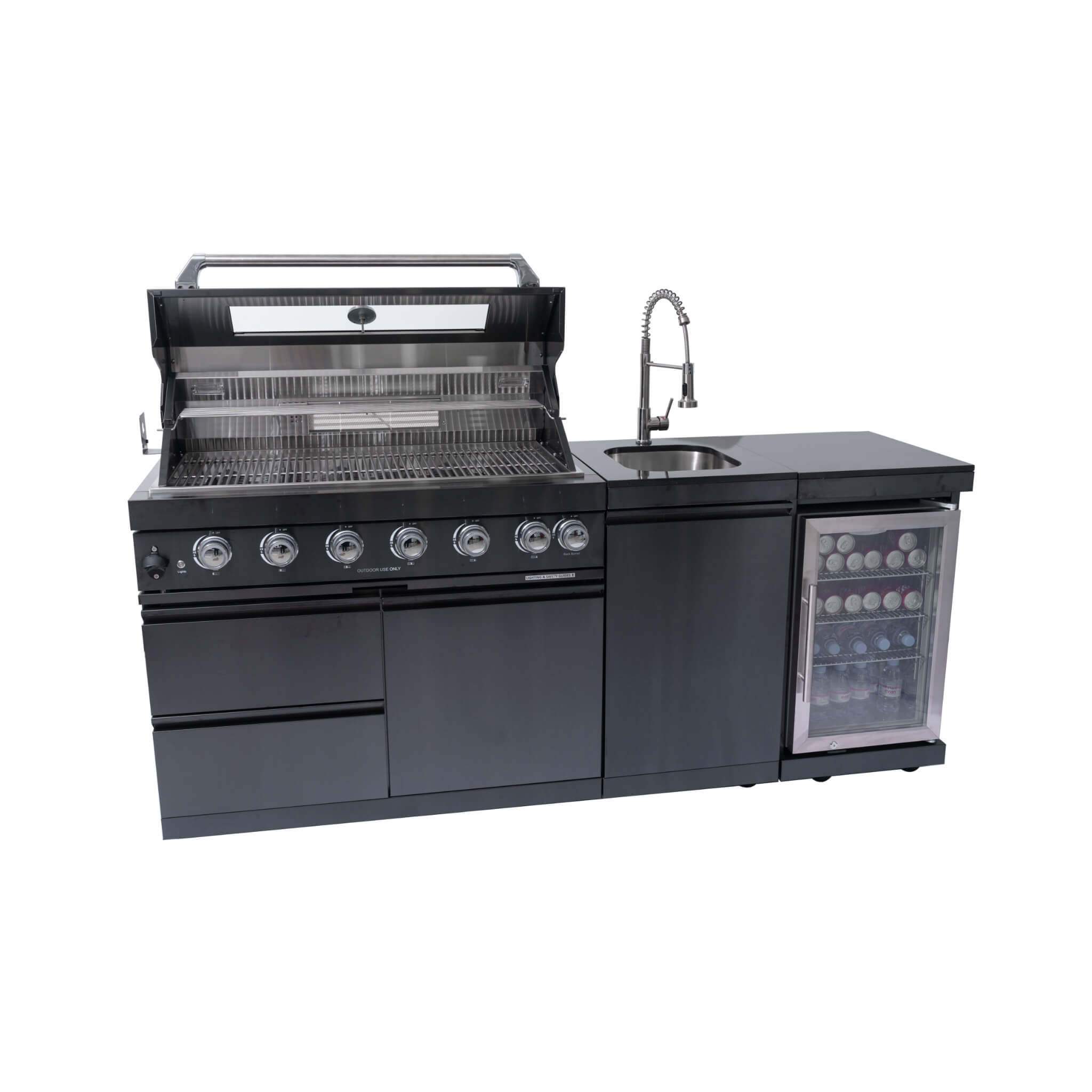 Castelle Flame Avalon 85K BTU Outdoor BBQ Liquid Propane Kitchen Grill Island With 43-Inch 6-Burner Grill, Wine Fridge, Rotisserie Kit, And Sink (SAK23864)