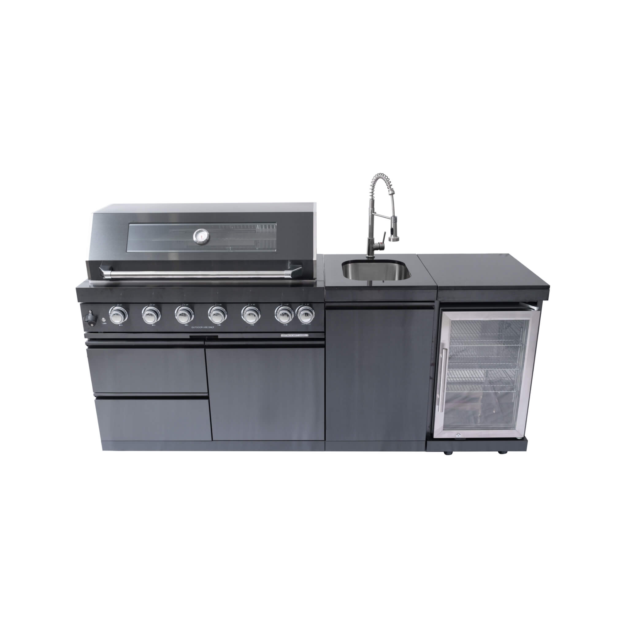 Castelle Flame Avalon 85K BTU Outdoor BBQ Liquid Propane Kitchen Grill Island With 43-Inch 6-Burner Grill, Wine Fridge, Rotisserie Kit, And Sink (SAK23864)