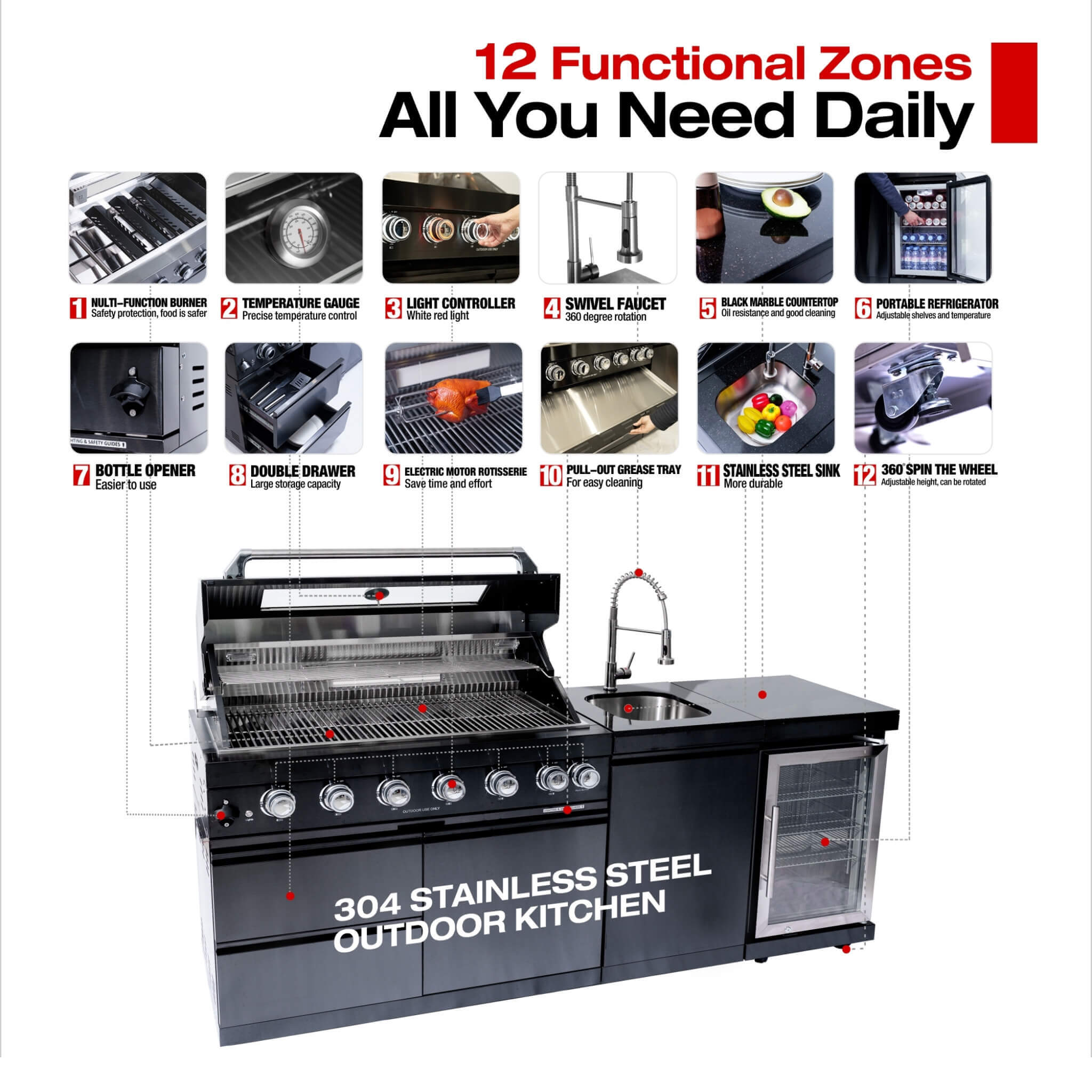 Castelle Flame Avalon 85K BTU Outdoor BBQ Liquid Propane Kitchen Grill Island With 43-Inch 6-Burner Grill, Wine Fridge, Rotisserie Kit, And Sink (SAK23864)