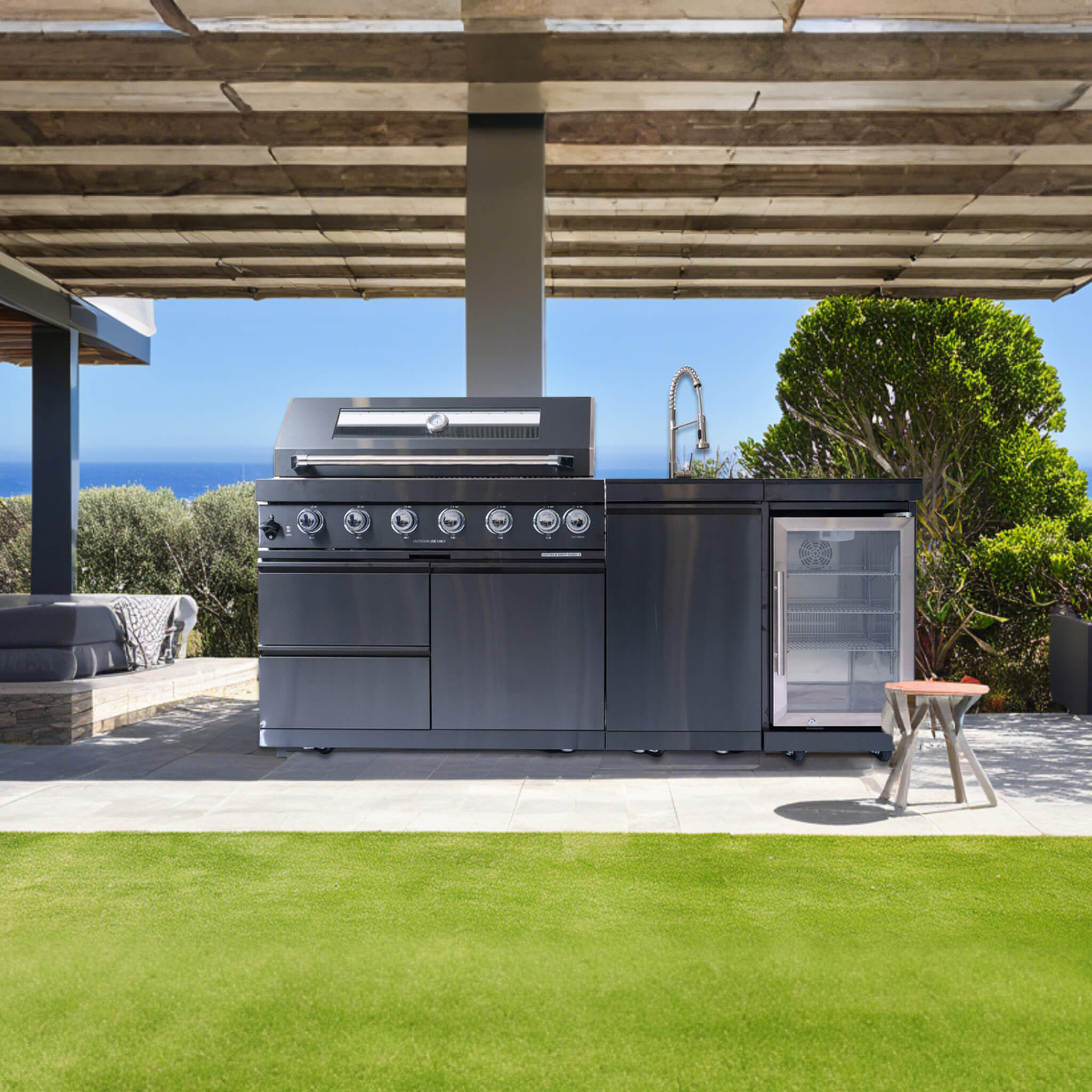 Castelle Flame Avalon 85K BTU Outdoor BBQ Liquid Propane Kitchen Grill Island With 43-Inch 6-Burner Grill, Wine Fridge, Rotisserie Kit, And Sink (SAK23864)