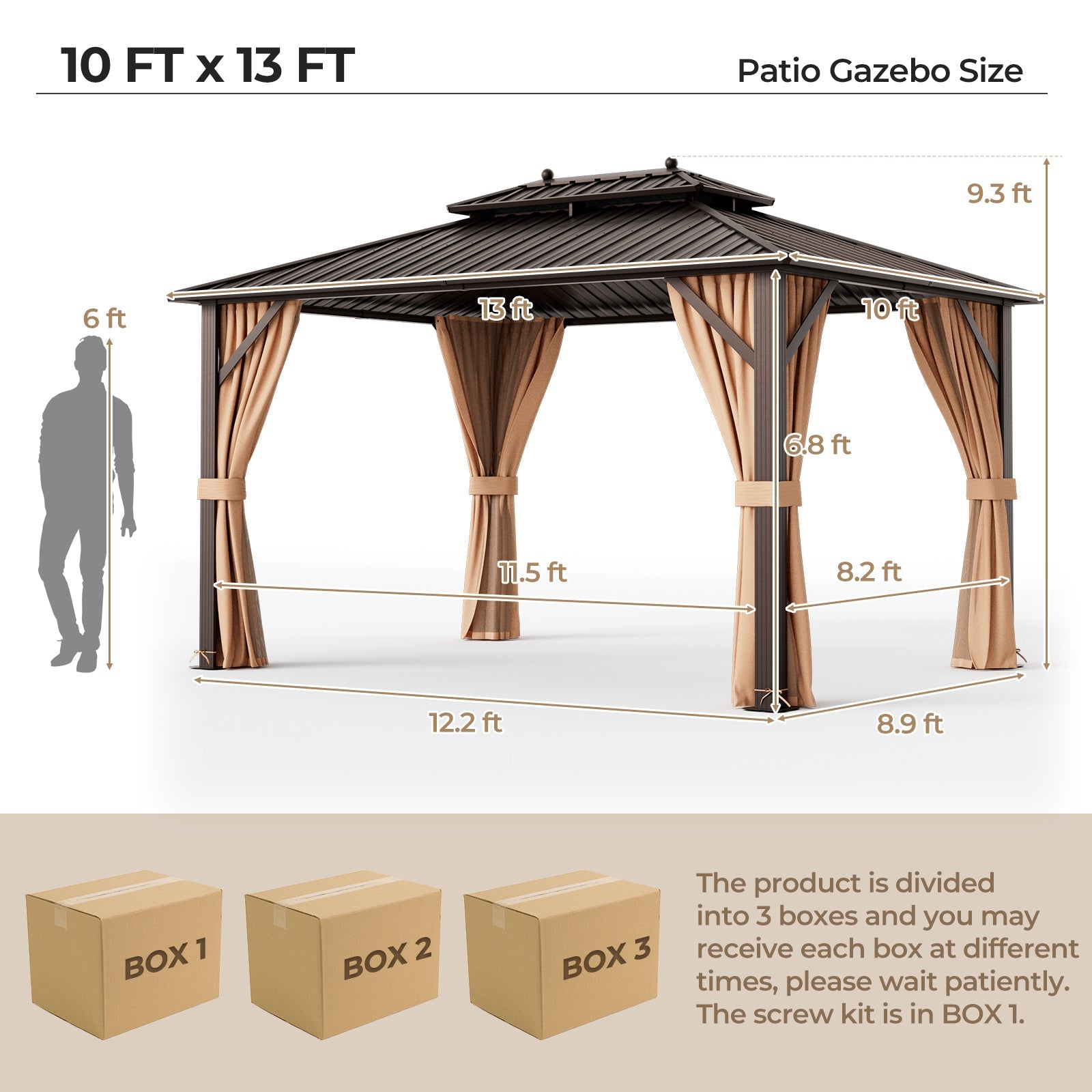 Double-Roof Patio Hardtop Gazebo with Galvanized Steel Roof Netting and Curtains-Coffee 10'x13'