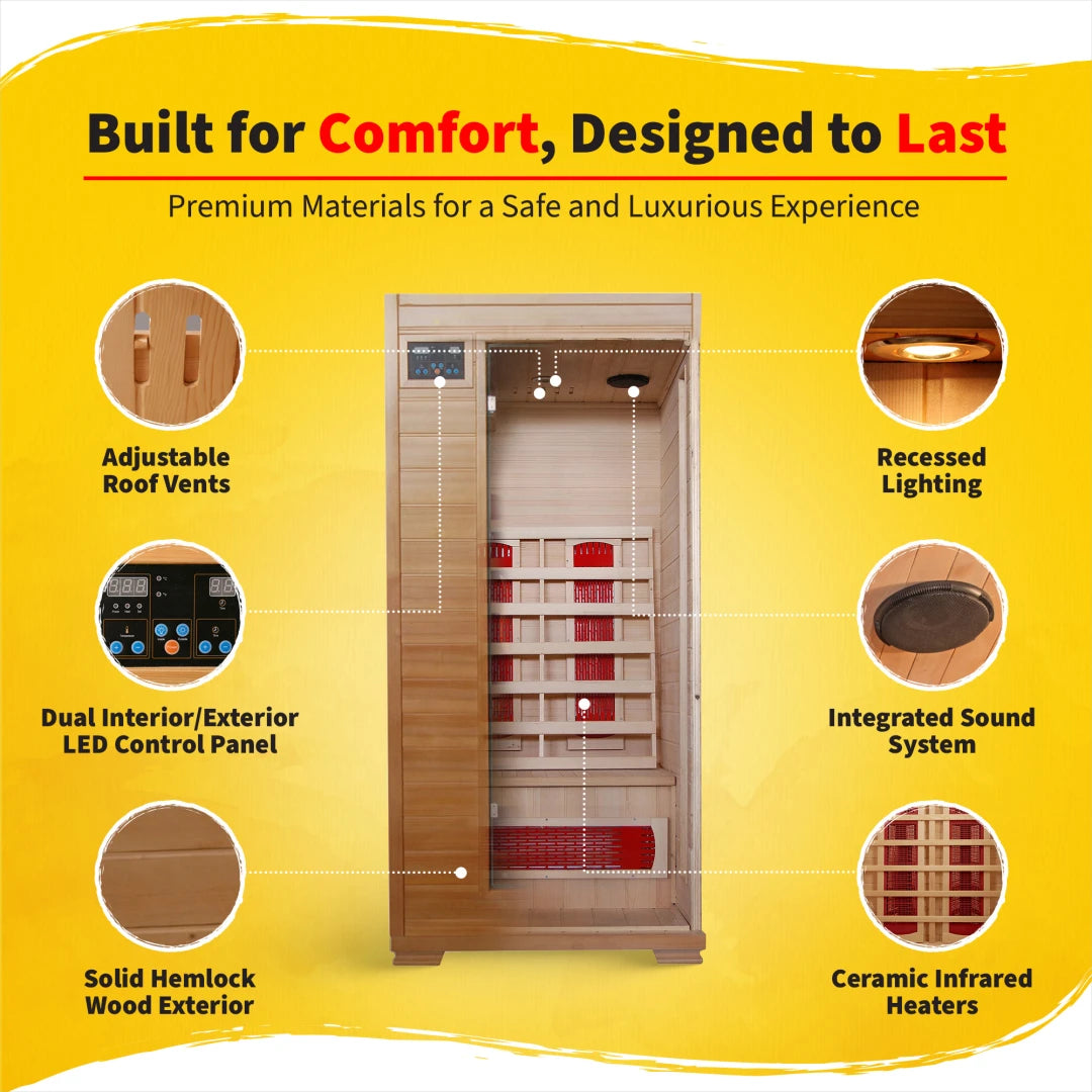 Buena Vista 1-2 Person Hemlock Infrared Sauna with 4 Carbon Heaters