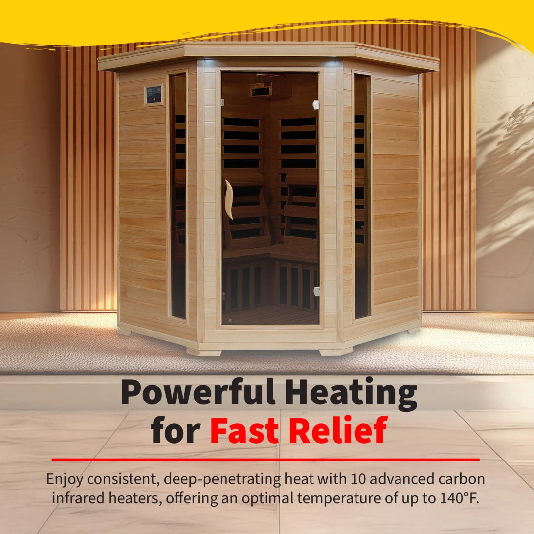 Tucson 4-Person Hemlock Corner Infrared Sauna with 10 Carbon Heaters