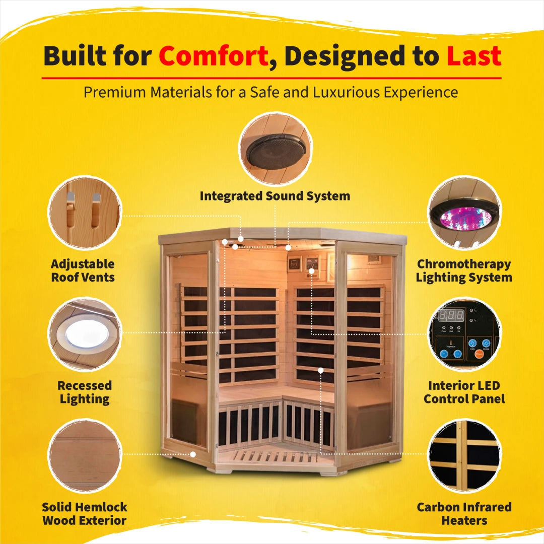 Sonoma 3-Person Hemlock Infrared Corner Sauna with 7 Carbon Heaters