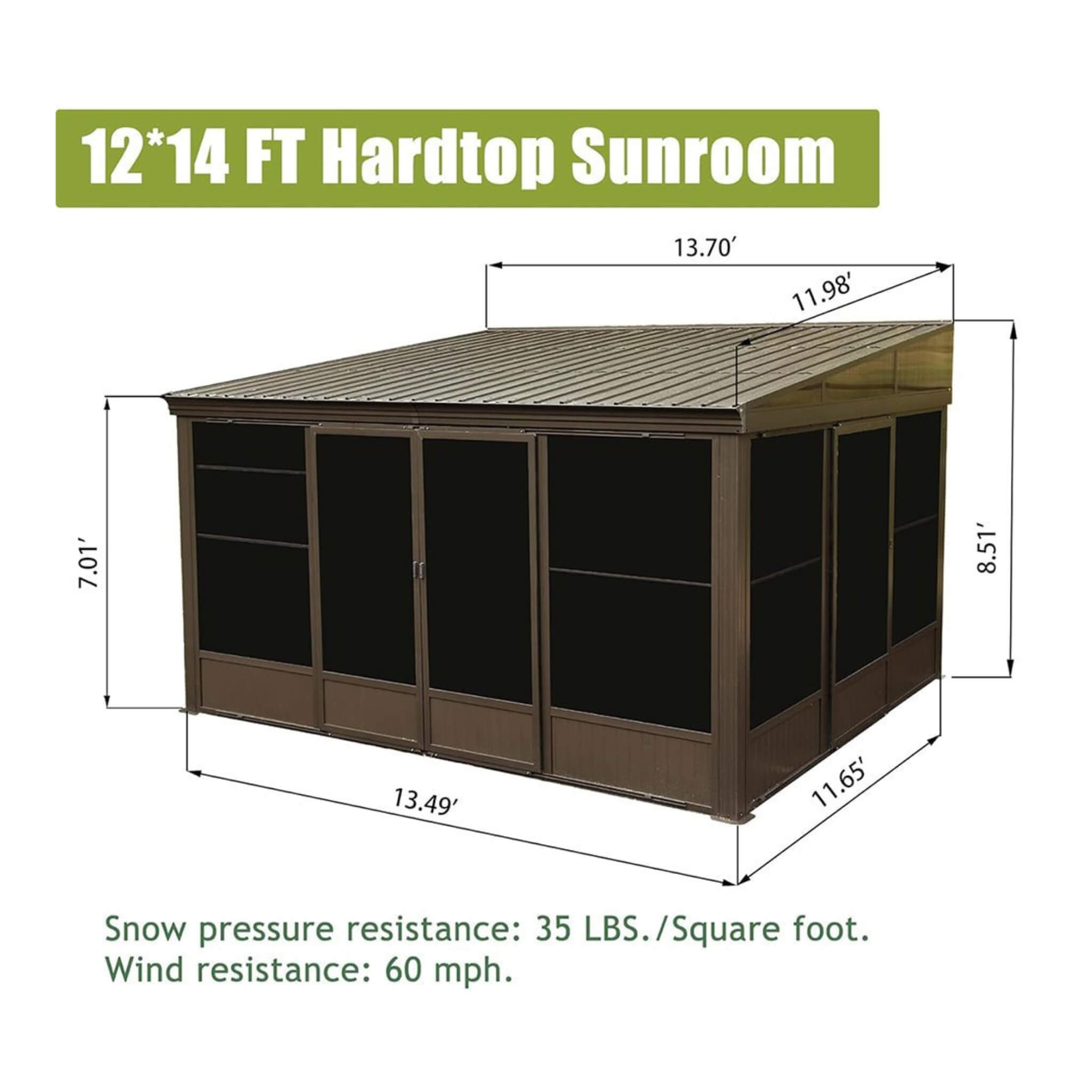 Alora Haven Large Outdoor All-Season Wall-Mounted Sunroom With Galvanized Steel Roof & Moveable PVC Screen 12'x14' (SAK46475)