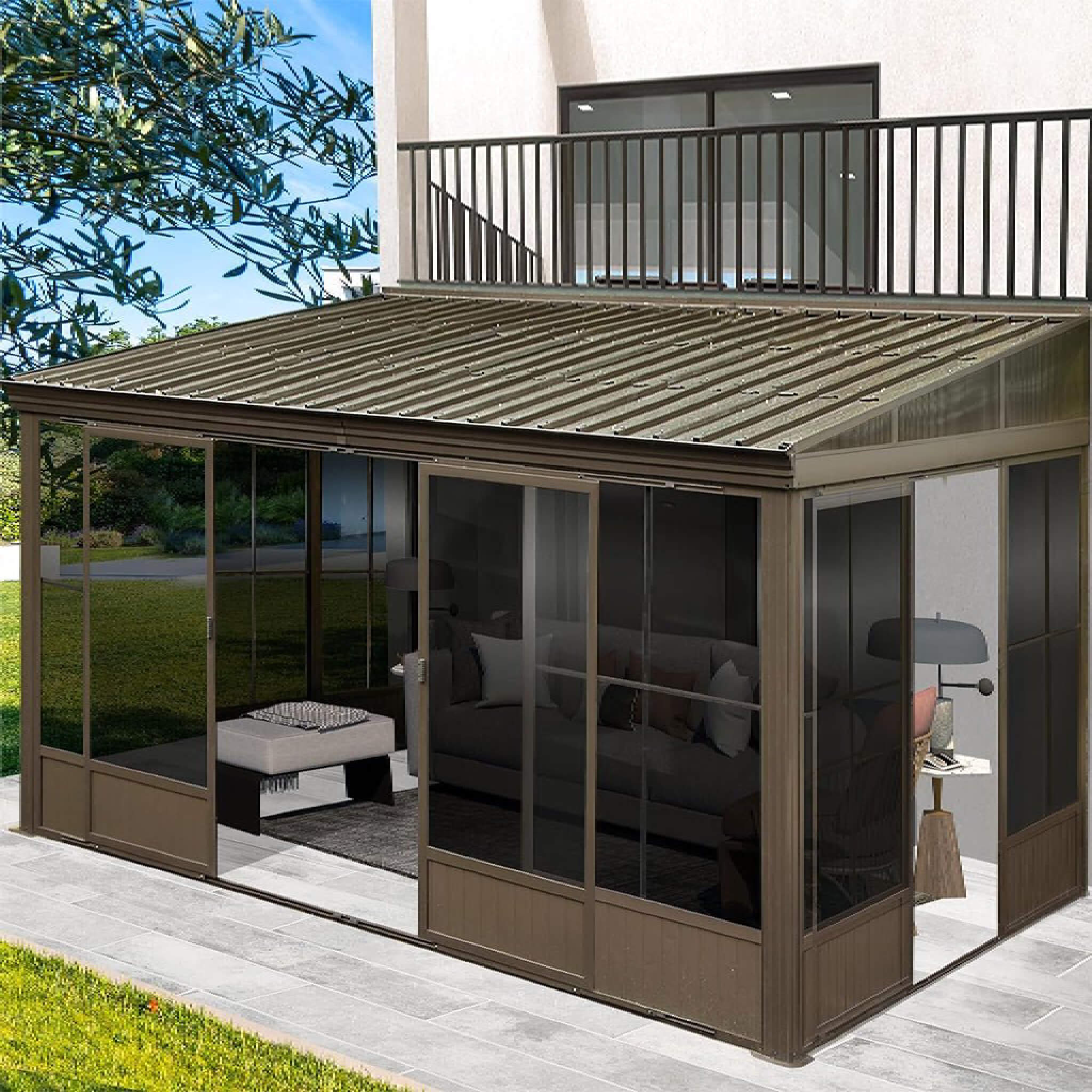Alora Haven Large Outdoor All-Season Wall-Mounted Sunroom With Galvanized Steel Roof & Moveable PVC Screen 12'x14' (SAK46475)