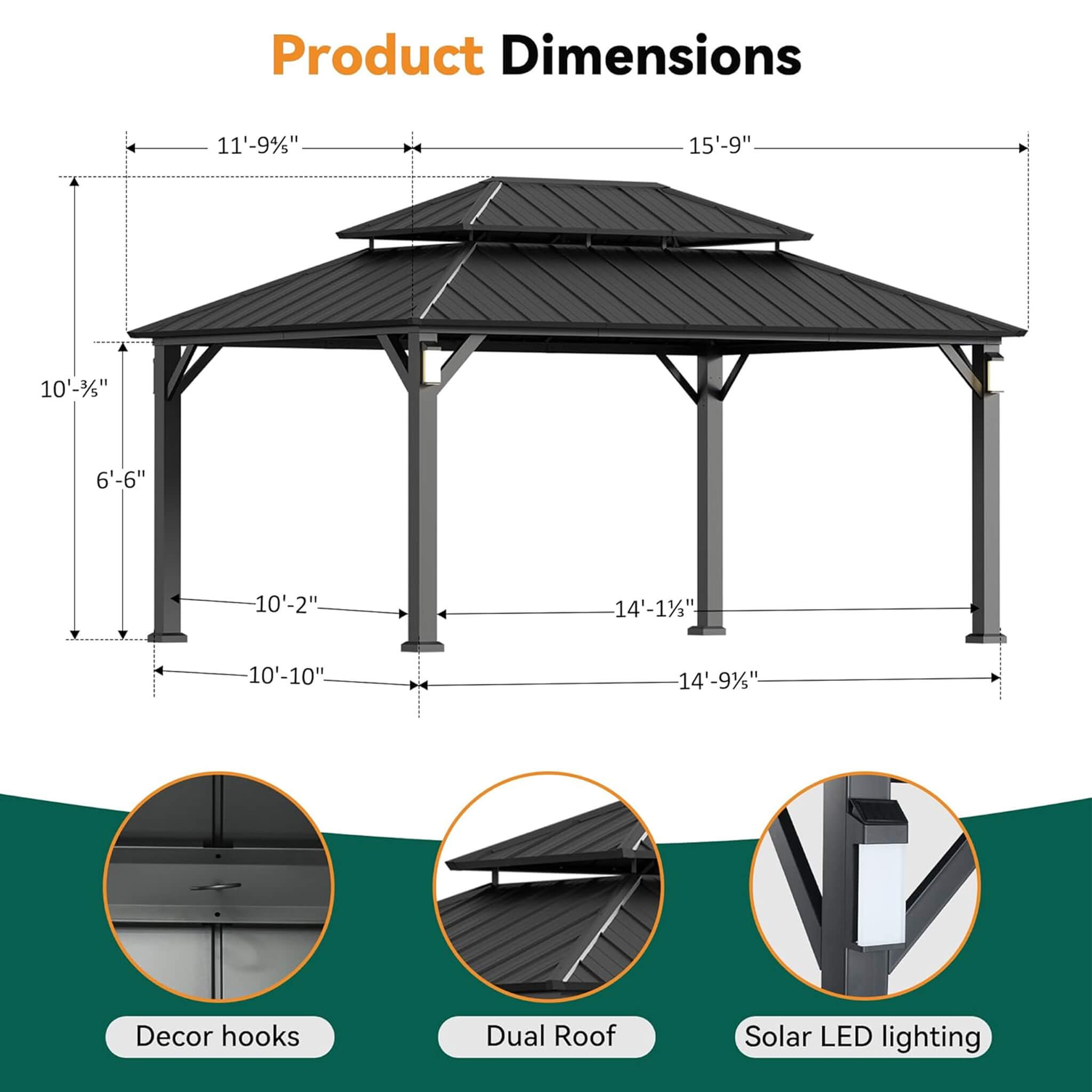 Alora Luxury Double Roof Hardtop Aluminum Gazebo With Decor Hooks, Mosquito Nettings, And LED Lights (SAK91824)