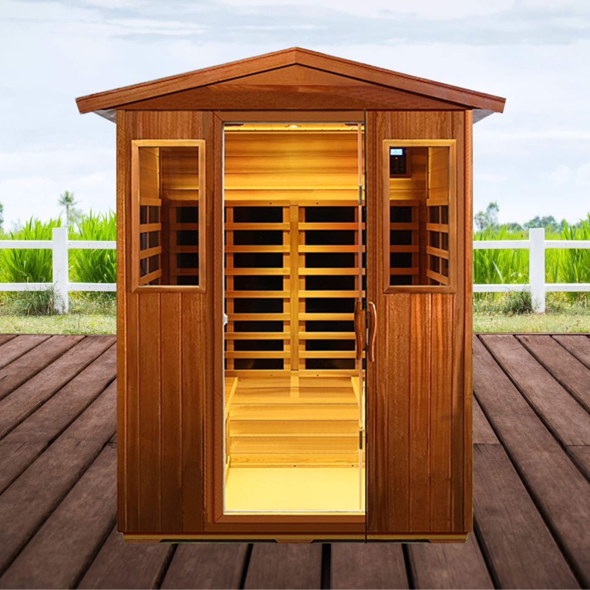 Premium 4-Person Luxury Low EMF Outdoor FAR Infrared Home Sauna With Bluetooth Audio, 2050W (SAK15372)