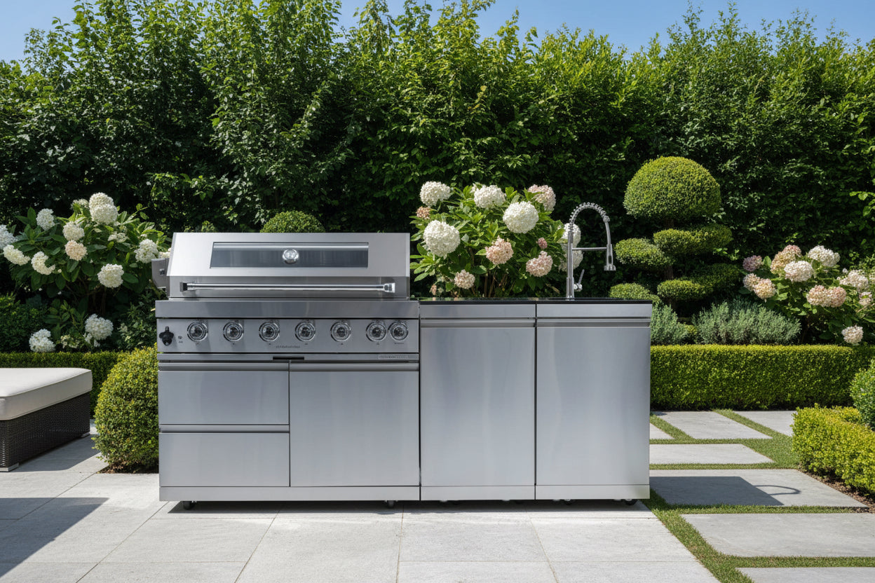 Castelle Flame Tuscany Outdoor BBQ Liquid Propane Kitchen Grill Island With 43-Inch 6-Burner 85K BTU Propane Gas Grill, Rotisserie Kit, And Storage Cabinets (SAK95623)