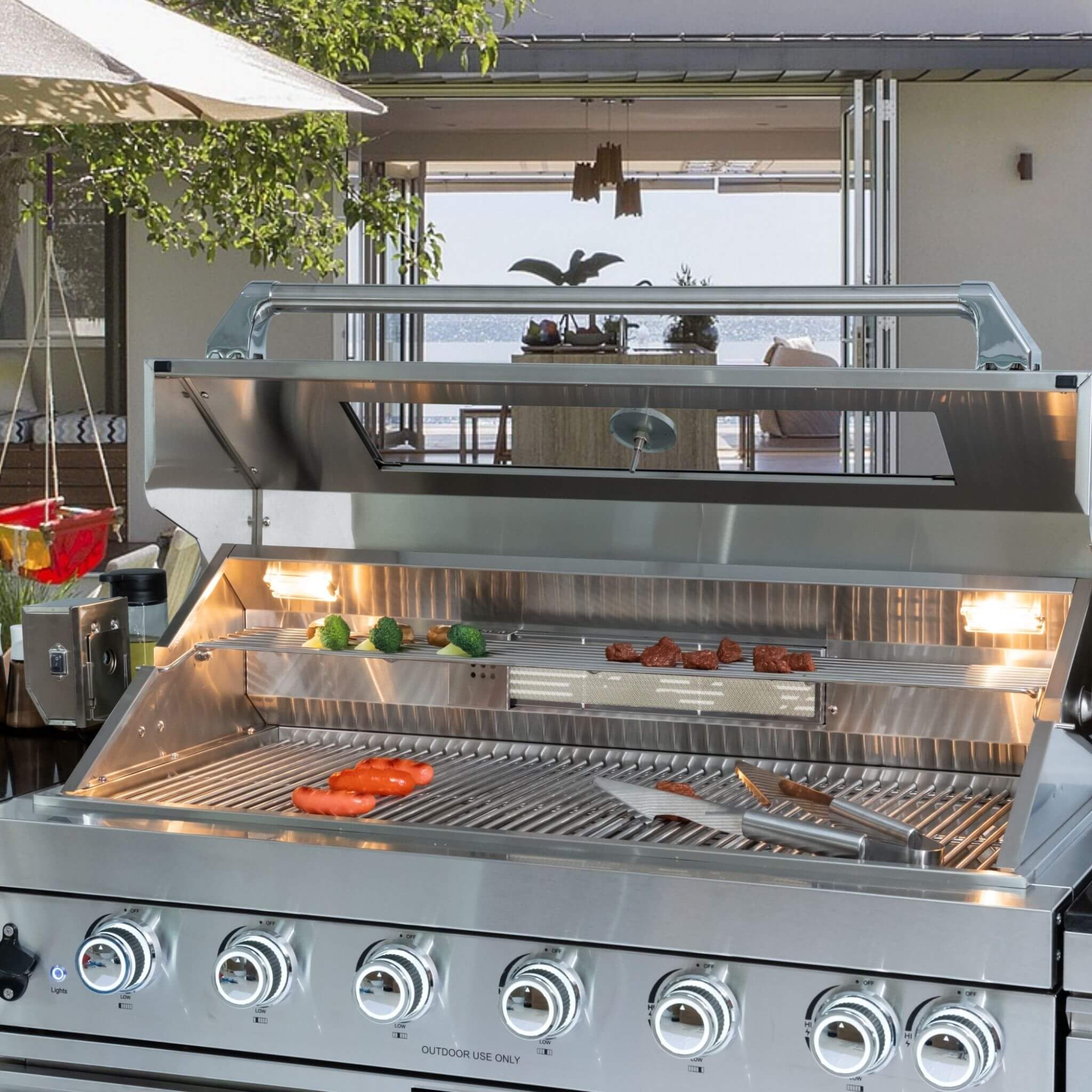 Castelle Flame Tuscany Outdoor BBQ Liquid Propane Kitchen Grill Island With 43-Inch 6-Burner 85K BTU Propane Gas Grill, Rotisserie Kit, And Storage Cabinets (SAK95623)