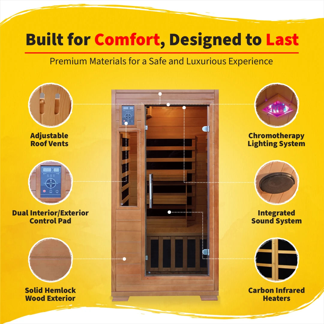 1-2 Person Hemlock Infrared Sauna with 5 Carbon Heaters