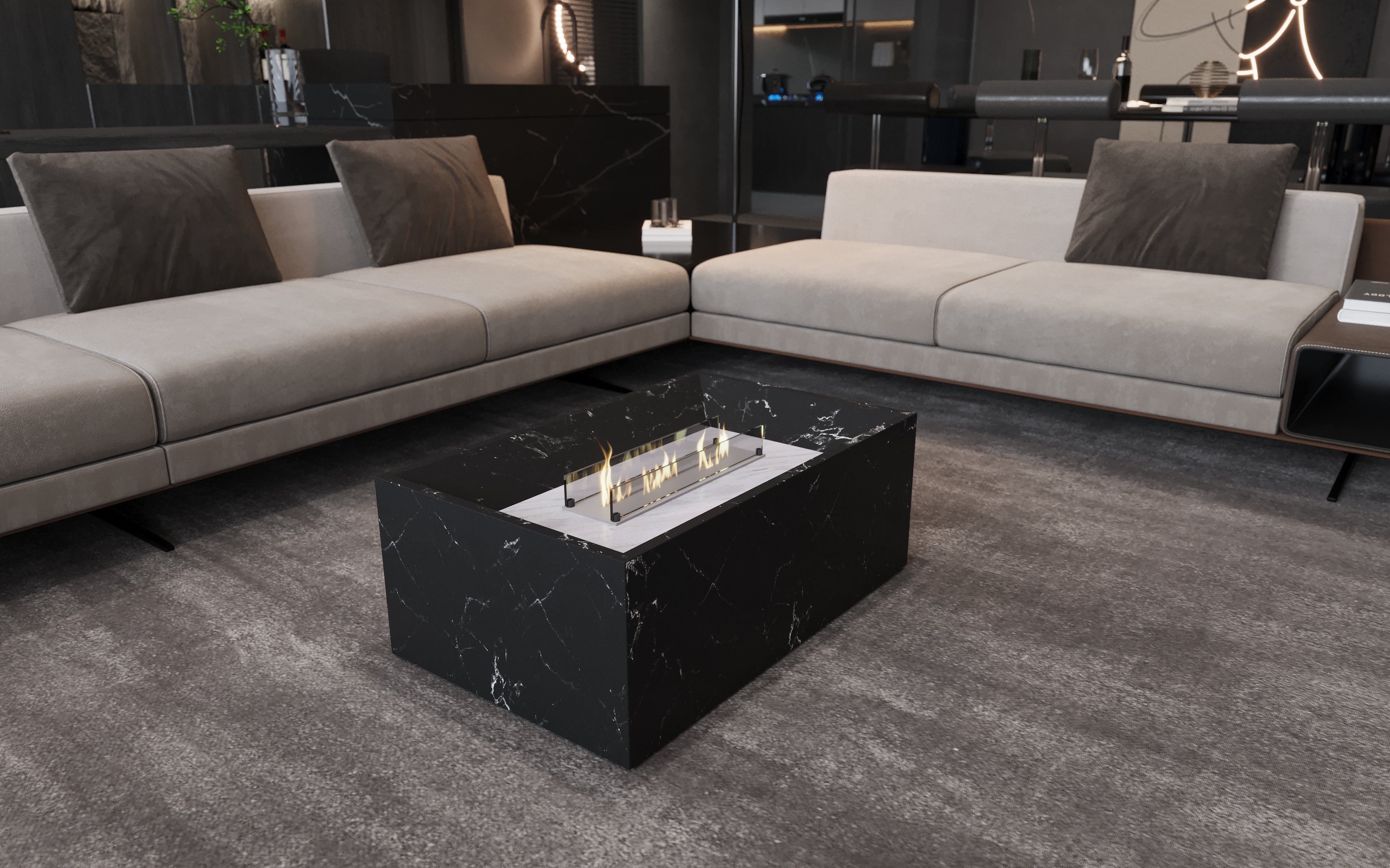 Black Marble Coffee Table with Built-in Bioethanol Fireplace