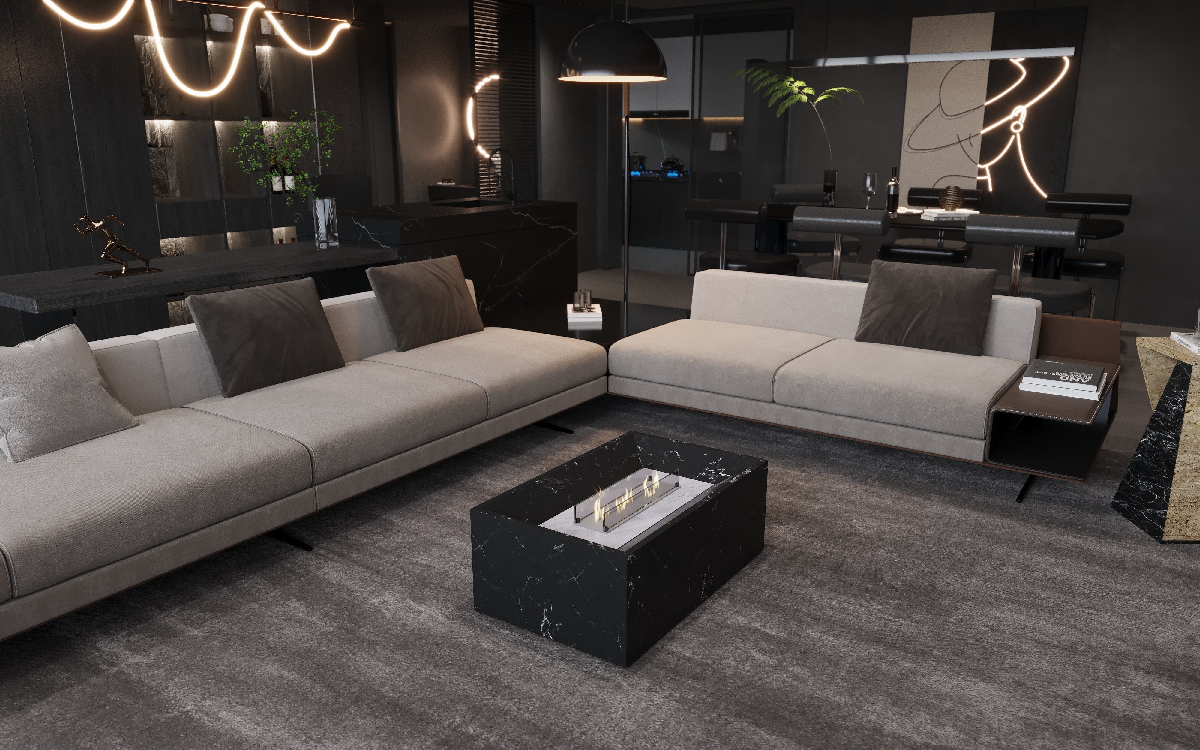 Black Marble Coffee Table with Built-in Bioethanol Fireplace