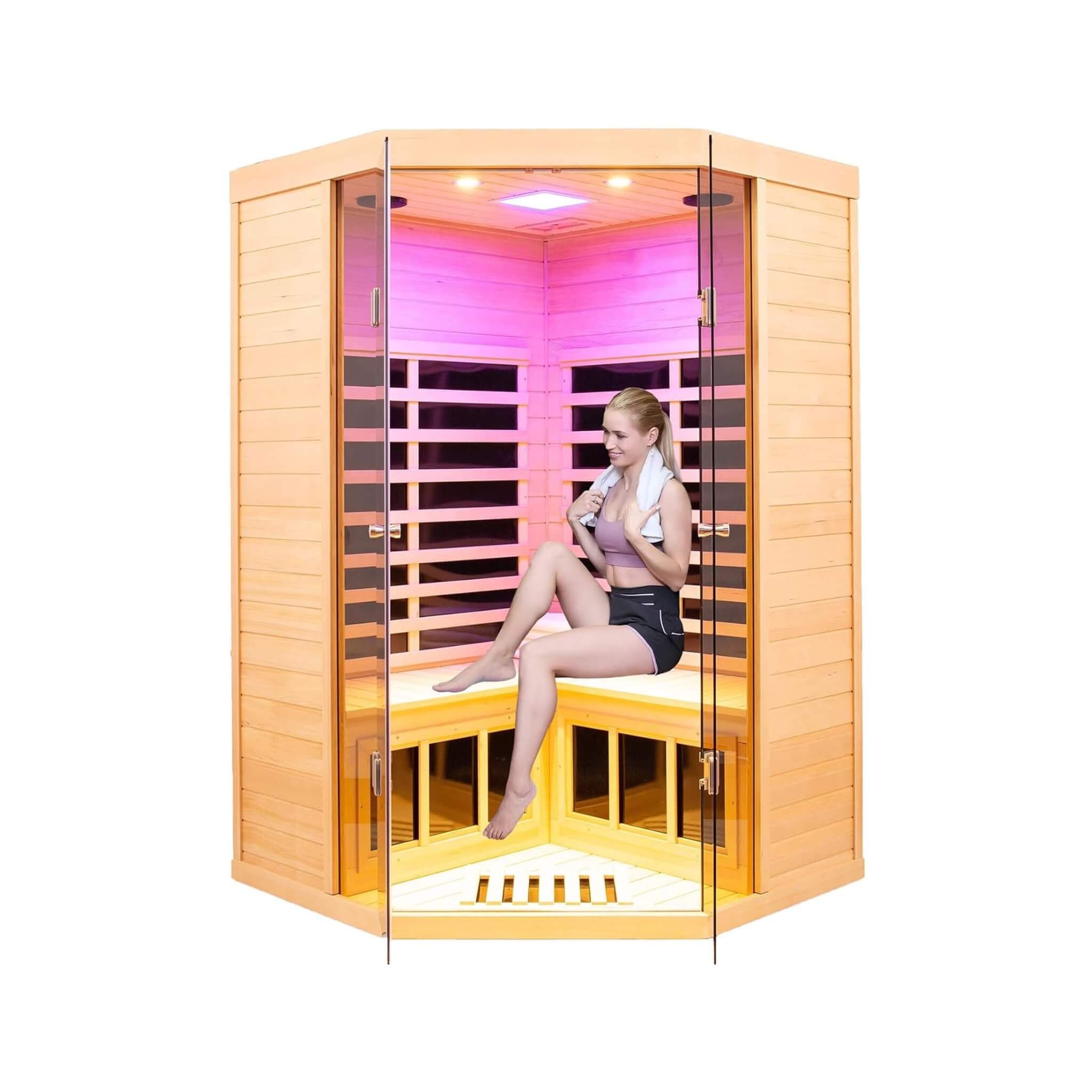 Premium 2-Person Corner Space Infrared Wooden Sauna Room With Bluetooth Speakers, 1600W (SAK81524)
