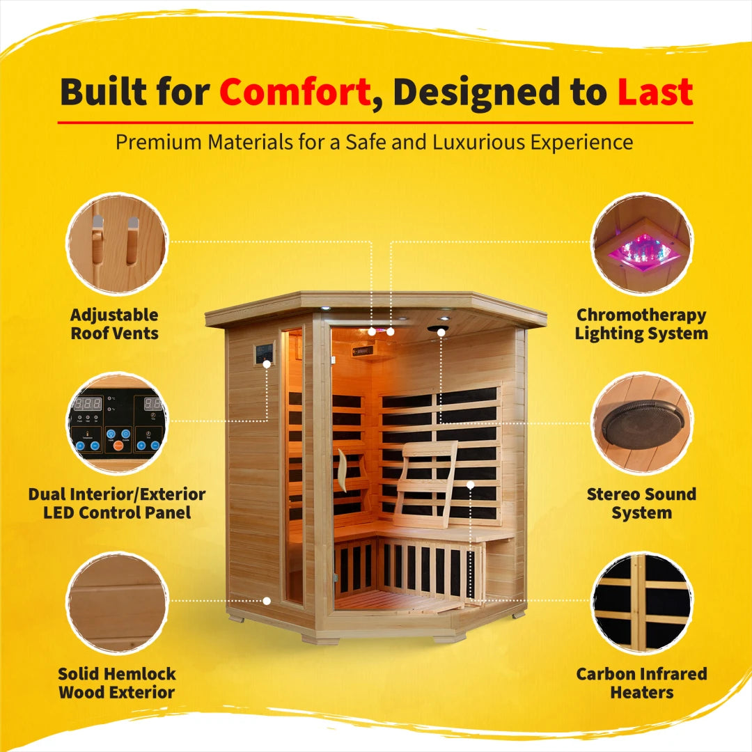 Santa Fe 3-Person Hemlock Corner Infrared Sauna with 7 Carbon Heaters
