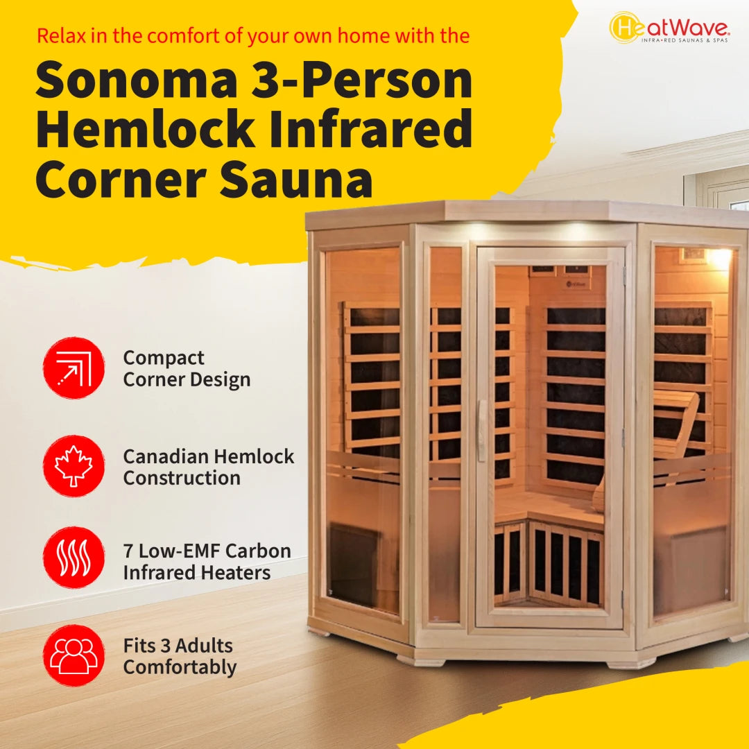 Sonoma 3-Person Hemlock Infrared Corner Sauna with 7 Carbon Heaters